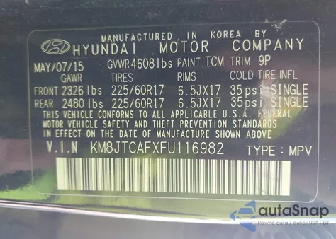 2015 Hyundai Tucson Gls from USA, damaged, VIN KM8JTCAFXFU116982